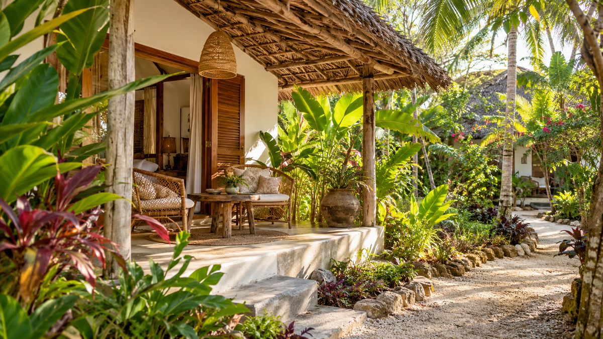 Eco bungalow veranda among trees and plants