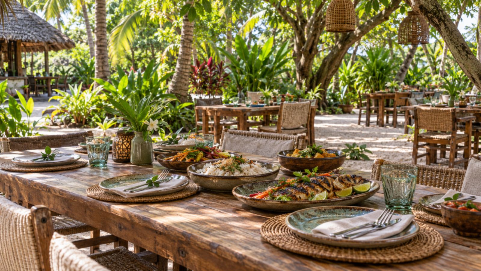 Garden dining tables under trees at Paje Farm Houses
