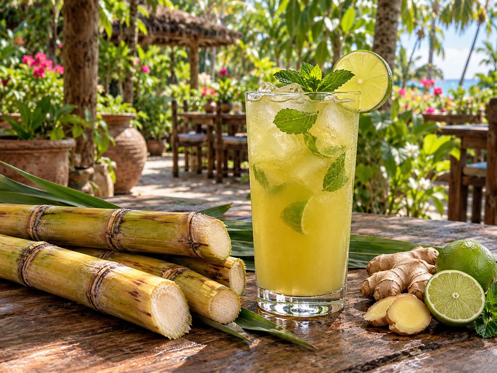 Fresh sugarcane and ginger juice